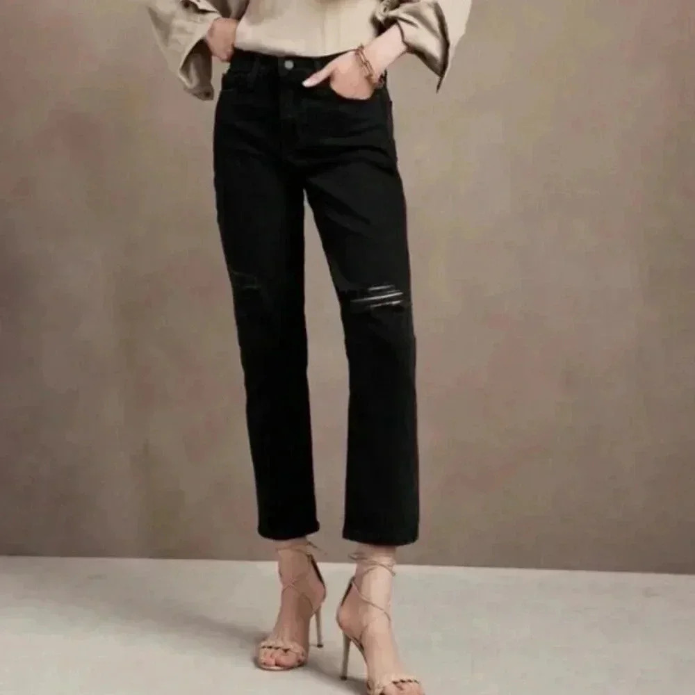 NWT Banana Republic Distressed High Rise Straight Black Ankle Jeans Womens 27